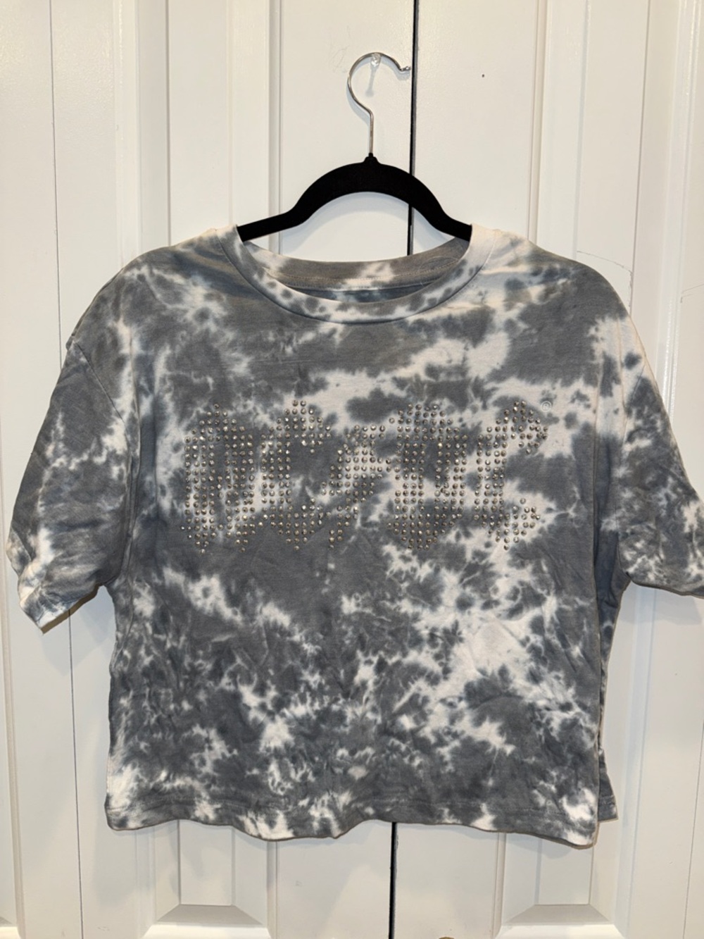AC/DC Gray & White Tie-Dye Studded Crop Tee